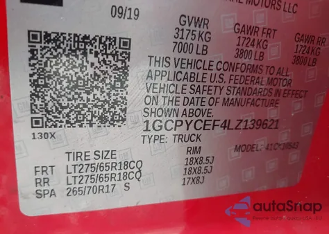 2020 Chevrolet Silverado 1500 4Wd Short Bed Custom Trail Boss z USA, uszkodzony, nr VIN 1GCPYCEF4LZ139621